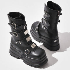 Industrial Goth High Ankle Boots Front Plates Thick Sole